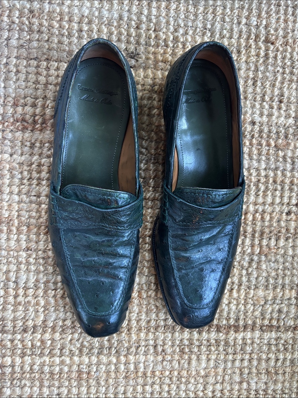 Ermenegildo Zegna vintage ostrich leather penny loafer  in green